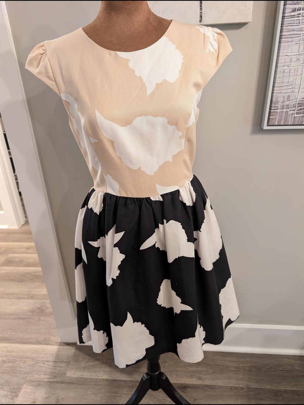 Beige and Black Color Block Floral Fit-and-Flare Dress
